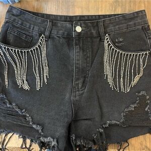 Black Denim Shorts with Rhinestone Fringe